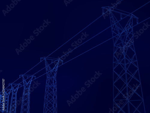 Background with power towers. Outlines of the power supply tower of blue lines on a dark background. Vector illustration