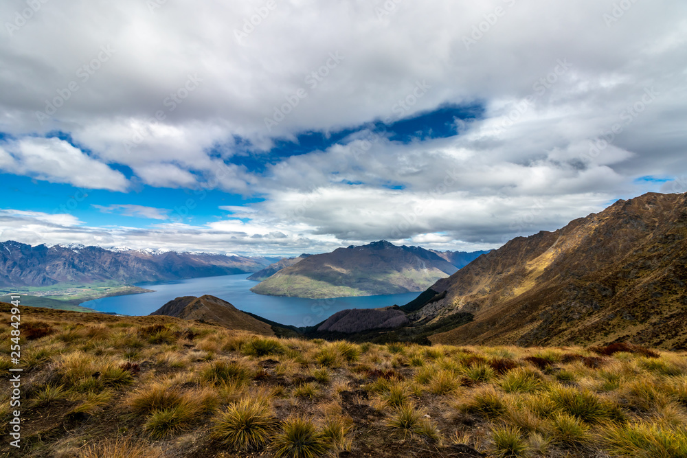 View from Ben Lomond Saddle over Queenstown, The Remarkables and Lake Wakatipu, New Zealand