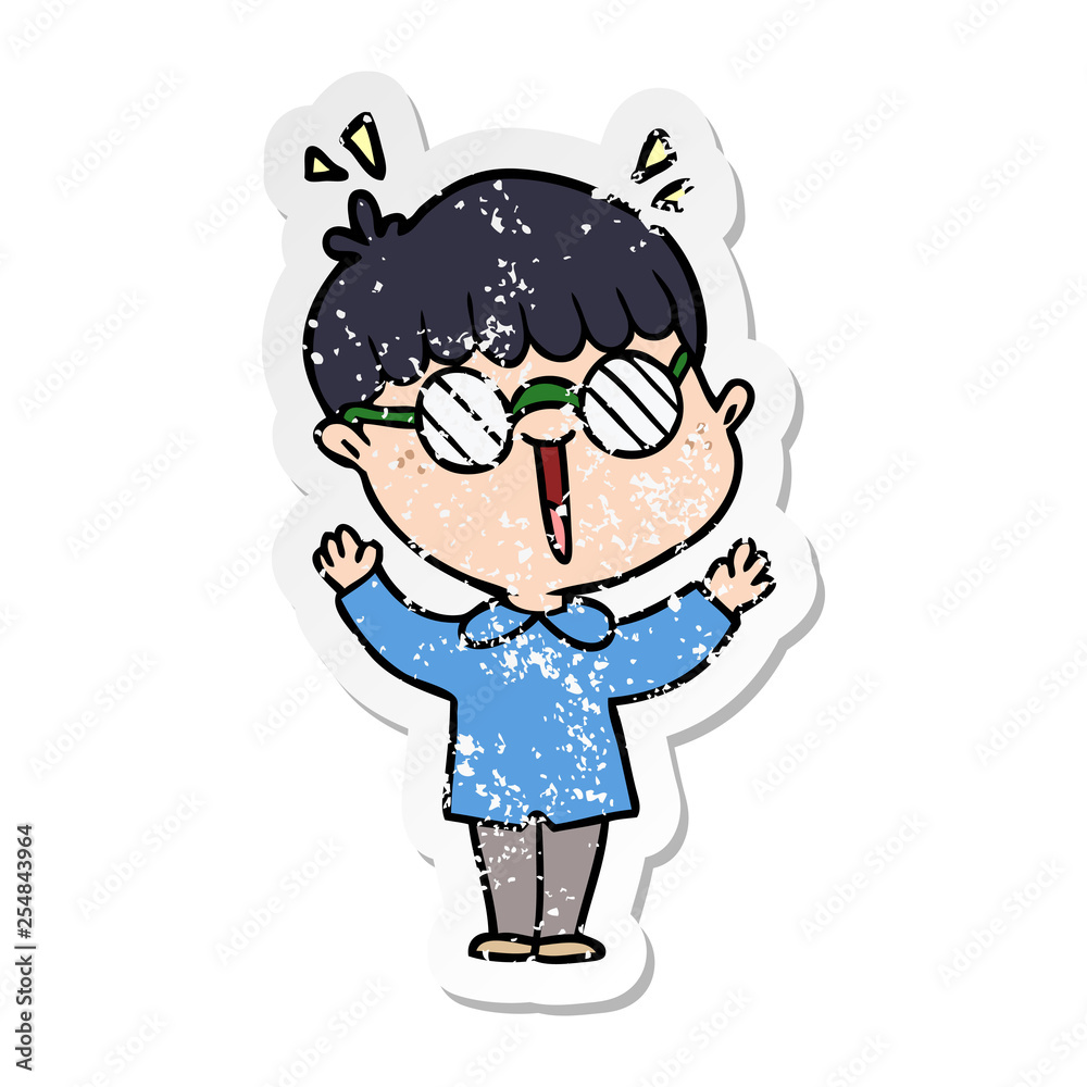 distressed sticker of a cartoon boy wearing spectacles distressed sticker of a cartoon boy wearing spectacles