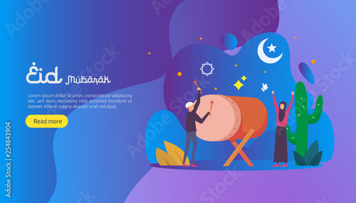 islamic design illustration concept for Happy eid mubarak or ramadan greeting with people character. template for web landing page, banner, presentation, social, poster, ad, promotion or print media