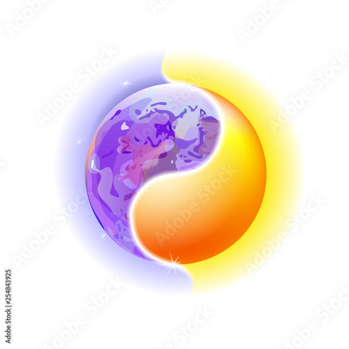 Modern blue and cosmic concept Yin and Yang mandala. Colorful sun or ornamental moon, spiritual relaxation. Beautiful decorative luxury glow stars ornaments illuminated. Design vector illustration