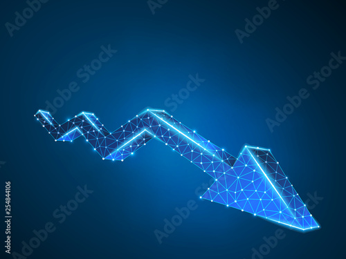 Downtrend arrow chart. Business Technological polygonal market Raster neon illustration. Low poly trend, data cash, finance concept. Connection lines, dots, wireframe mesh structure on blue background