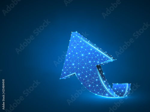 Arrow growth, success, team work abstract sign. One arrow goes up wireframe digital 3d illustration. Low poly collaboration concept with lines, dots on blue background. Raster neon polygonal RGB