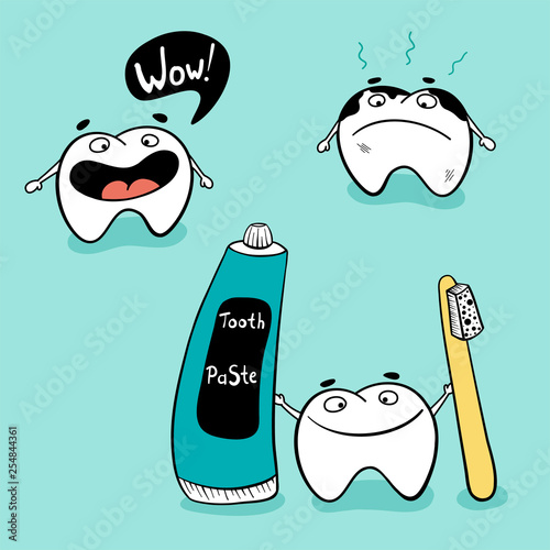 Cute tooth character set with different emotions. Happy healthy and sad sick cartoon teeth. One of them holding toothpaste and toothbrush.