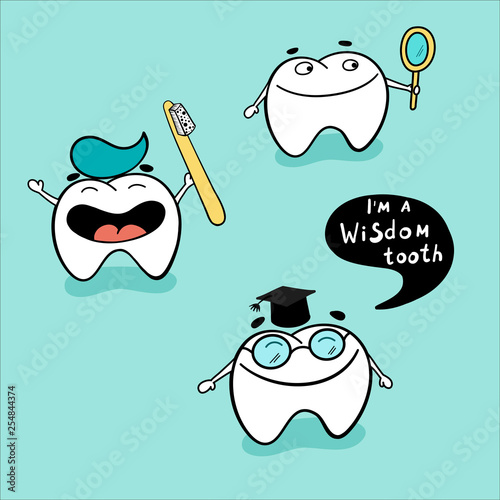 Cute teeth character set with different emotions. Happy healthy cartoon wisdom tooth and teeth with toothbrush and mirror.