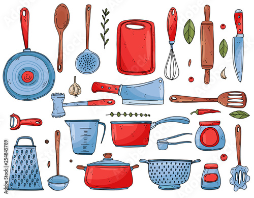Big set elements with hand drawn kitchenware isolate on a white background.