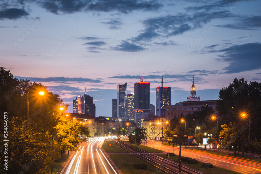 Fototapeta premium Panorama of skyscrapers in the center of Warsaw at sunset, Poland