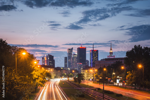 Panorama of skyscrapers in the center of Warsaw at sunset  Poland