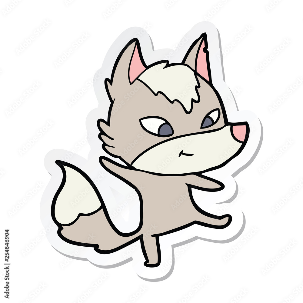 sticker of a friendly cartoon wolf dancing