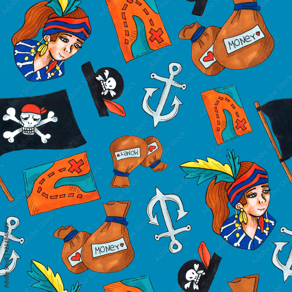 pirate seamless pattern. colorful objects repeating background for web and print purpose. marker art