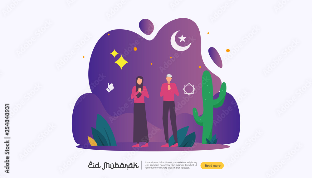 islamic design illustration concept for Happy eid mubarak or ramadan greeting with people character. template for web landing page, banner, presentation, social, poster, ad, promotion or print media islamic design illustration concept for Happy eid mubarak or ramadan greeting with people character. template for web landing page, banner, presentation, social, poster, ad, promotion or print media