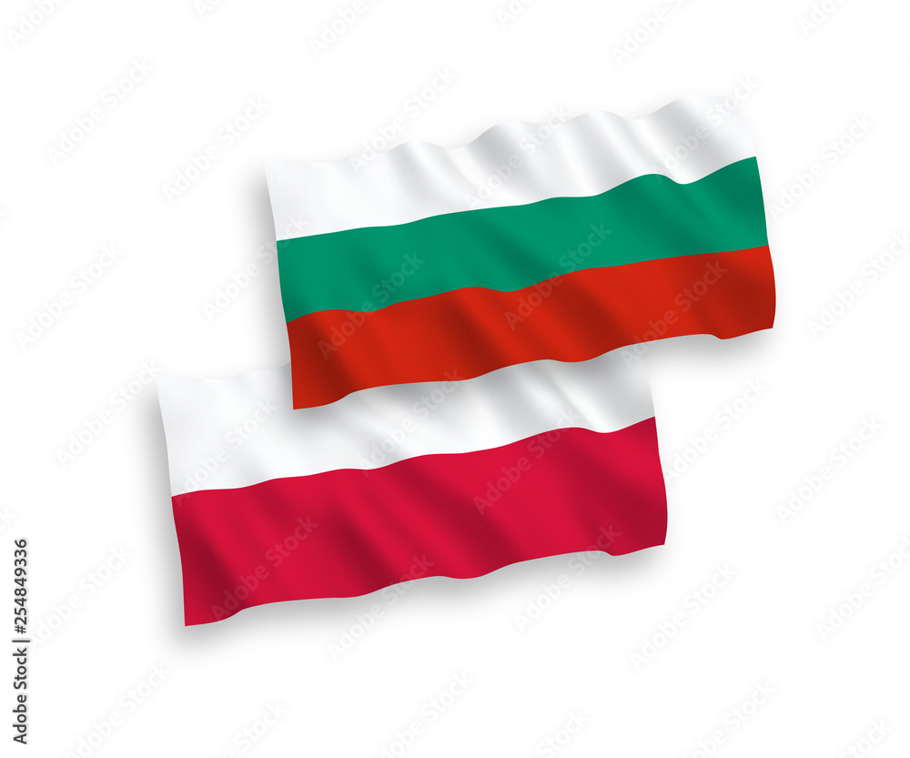 National vector fabric wave flags of Bulgaria and Poland isolated on white background. 1 to 2 proportion. National vector fabric wave flags of Bulgaria and Poland isolated on white background. 1 to 2 proportion.