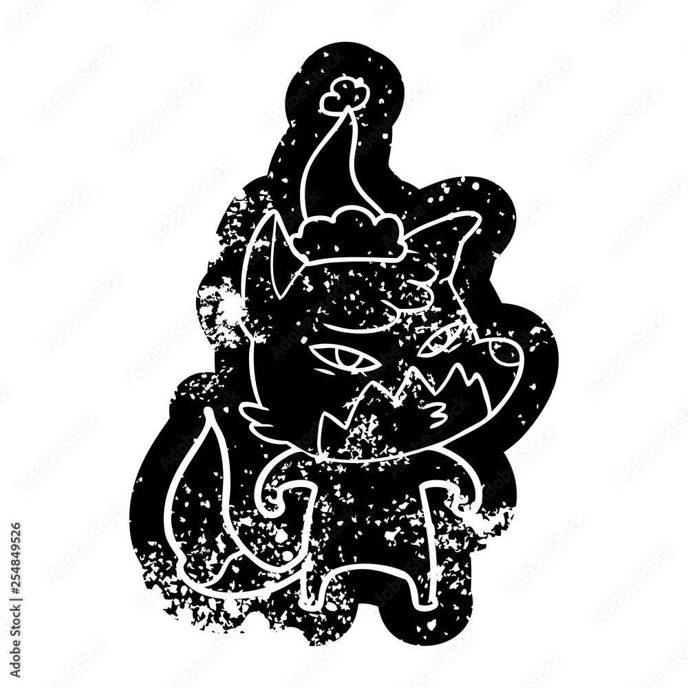 clever cartoon distressed icon of a fox wearing santa hat clever cartoon distressed icon of a fox wearing santa hat