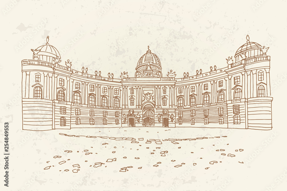 Vector sketch of Hofburg palace on St. Michael square (Michaelerplatz), Vienna, Austria