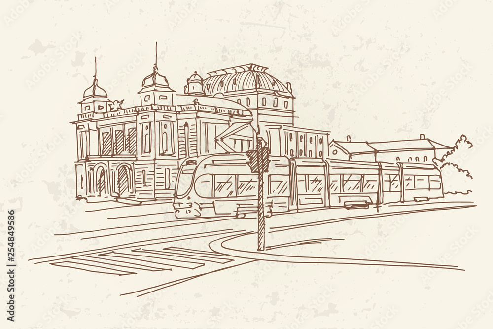 Vector sketch of Croatian National Theater in Zagreb, Croatia.