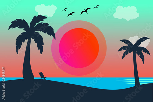 Vector seascape and sky background. Tropical Beach and Palm Trees Silhouette Travel Holiday Vacation Concept.