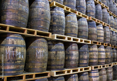 Stacked oak barrels 