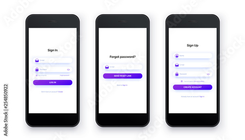 Mobile UI kit pack. Sign up form, sign in page.