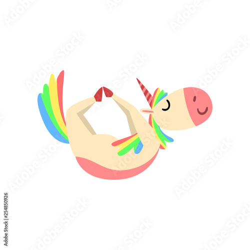 Funny Unicorn in Bow Position  Fantasy Beautiful Horse Character with Rainbow Mane and Tail Practicing Yoga Exercise Vector Illustration