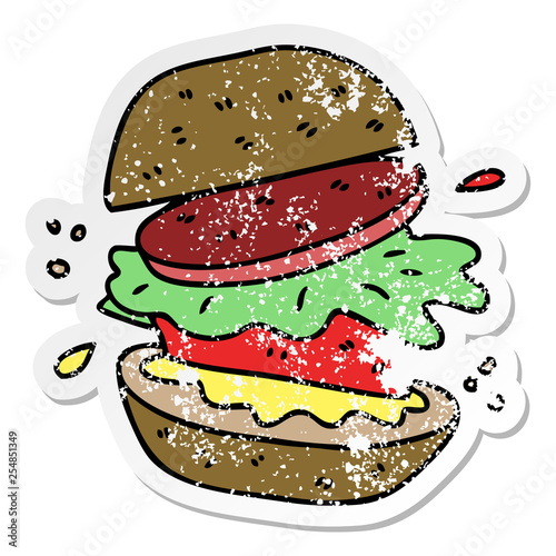 distressed sticker of a quirky hand drawn cartoon veggie burger