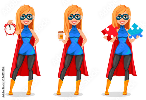 Successful woman wearing superhero costume