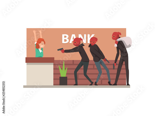 Bank Robbery, Group of Male Thieves Committing Burglary Vector Illustration