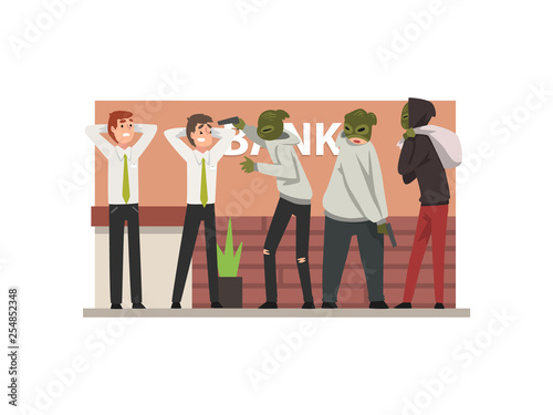 Bank Robbery, Group of Male Criminals in Masks Threatening Employees Committing Burglary Vector Illustration