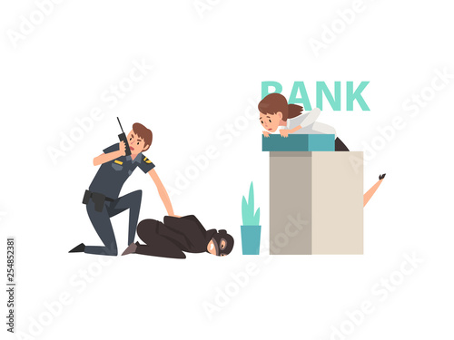 Bank Robbery, Police Man Caught Criminal, Police Officer Arrested Robber Vector Illustration