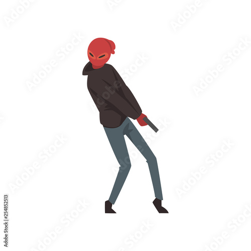 Masked Robber or Burglar Standing with Gun Vector Illustration