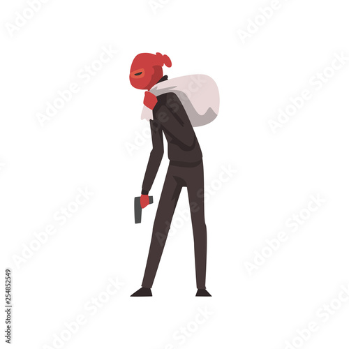 Masked Robber or Burglar Standing with Gun and Sack of Money Vector Illustration