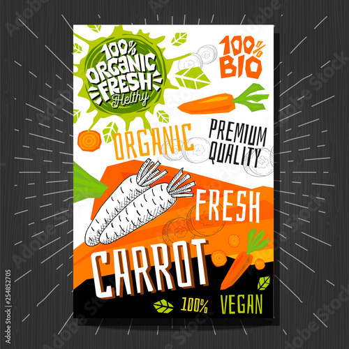 Food labels stickers set colorful sketch style fruits, spices vegetables package design. Carrot. Vegetable label. Organic, fresh, bio, eco. Hand drawn vector illustration.