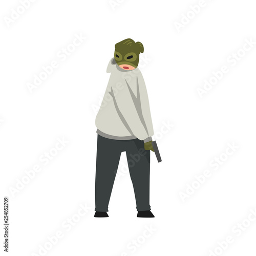 Masked Criminal Robber or Thief with Gun Vector Illustration