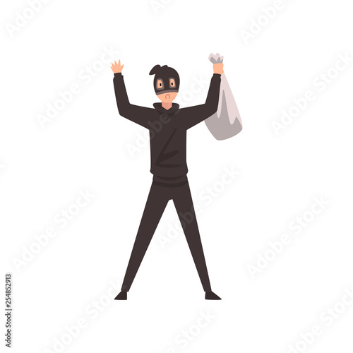 Robber Dressed in Black Clothes and Mask Standing with Raised Hands and Money Bag Vector Illustration
