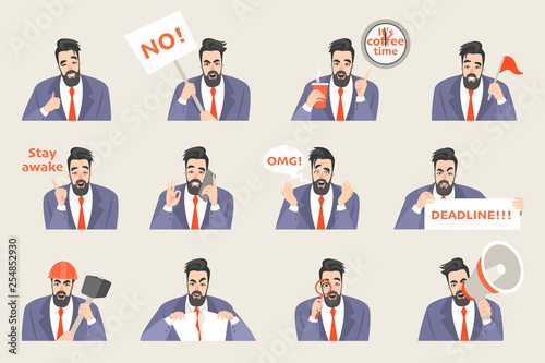 Set of vector office life stickers with a funny cartoon office worker in a different emotional state