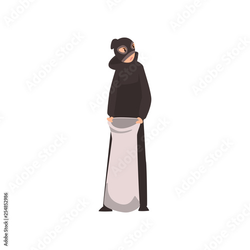 Robber Dressed in Black Clothes and Mask Standing with Money Bag Vector Illustration