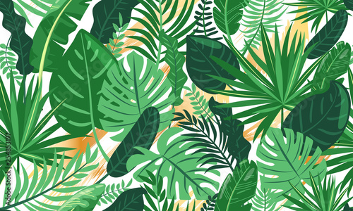 Tropical leaves seamless pattern. Green tropical plants with golden abstract brush strokes. Jungle style. Vector illustration for textile  postcard  fabric  wrapping paper  background  packaging.