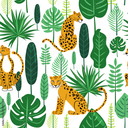 Leopard seamless pattern. Composition with leopards and tropical leaves on white background. Vector illustration for textile, postcard, fabric; wrapping paper, background, packaging.