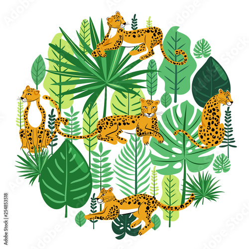 Tropical leaves and cute leopards around the circle. Wild concept. Illustration with foliage of exotic jungle plants and animals. Vector composition on white background.