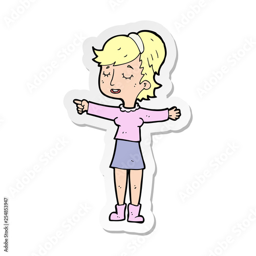 sticker of a cartoon happy woman pointing