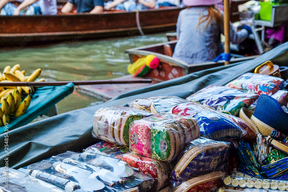 Fototapeta premium Handmade souvenir floating market shop on boat