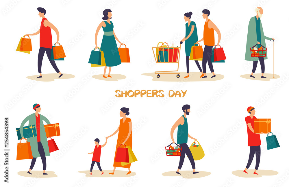 Set of isolated people or family at shopping mall