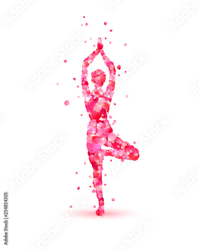 Yoga asana vrikshasana of rose petals. Tree pose.