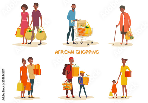 Set of isolated african american family at shop
