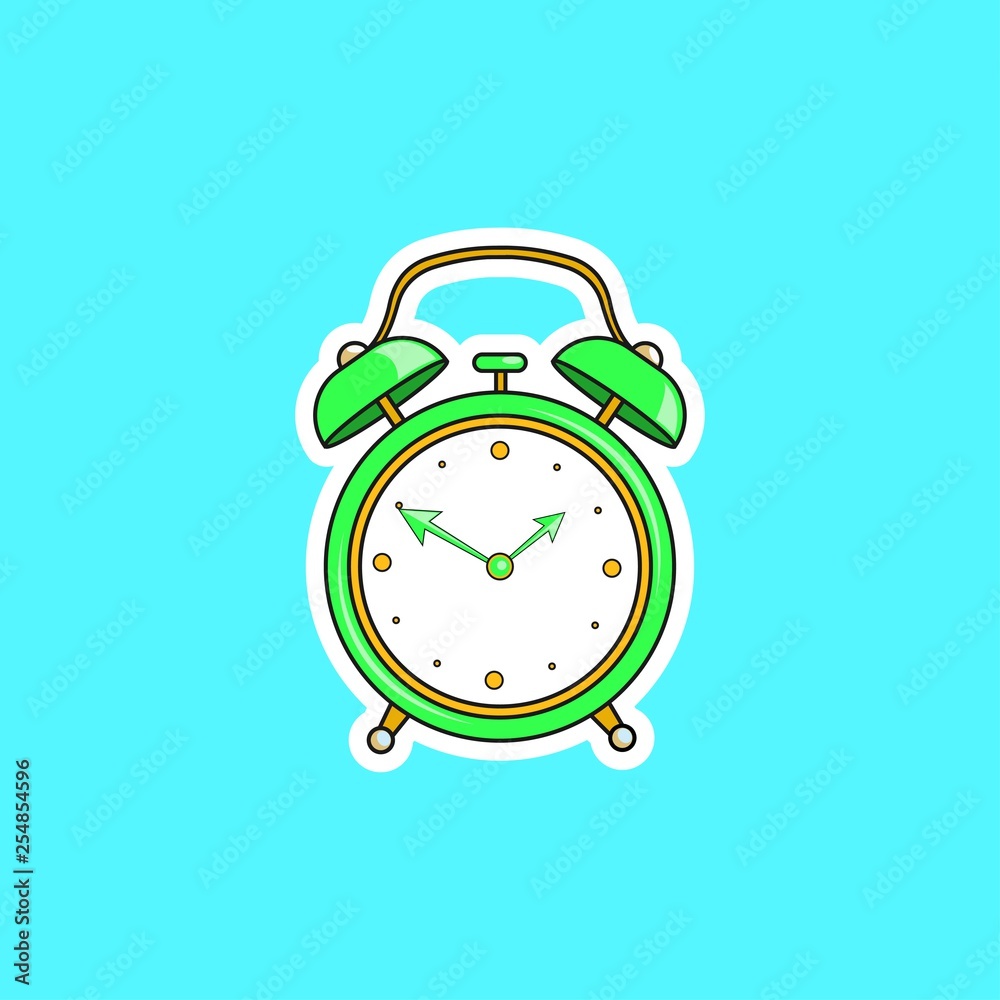Green comic alarm clock. Vector bright dynamic cartoon object in retro pop art style isolated on blue background.