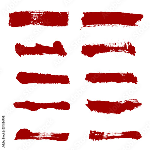 Red Brush strokes. Vector paintbrush set. Round grunge design elements. Long text boxes. Dirty distress texture banners. Ink splatters. Grungy painted objects.