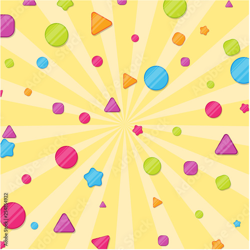 Yellow background with colorful confetti. Design for kids in cartoon style.