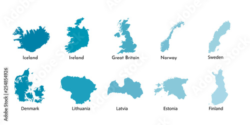 Vector illustration. Blue silhouettes of Northern Europe states maps, simplified outlines. Denmark, Norway, Sweden, Finland, Estonia, Lithuania, Latvia, Great Britain, Ireland, Iceland