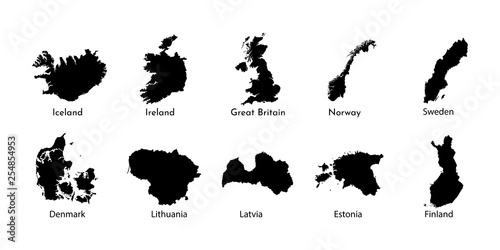 Vector illustration. Black silhouettes of Northern Europe states maps, simplified outlines. Denmark, Norway, Sweden, Finland, Estonia, Lithuania, Latvia, Great Britain, Ireland, Iceland 