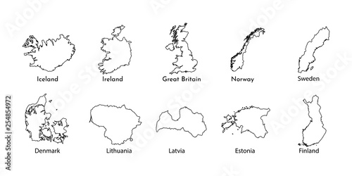 Vector illustration. Black line silhouettes of Northern Europe states maps, simplified outlines. Denmark, Norway, Sweden, Finland, Estonia, Lithuania, Latvia, Great Britain, Ireland, Iceland