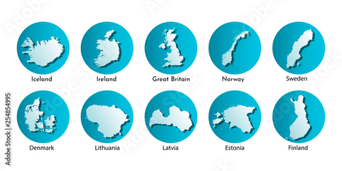 Vector illustration. Blue silhouettes of Northern Europe states maps, simplified outlines. Denmark, Norway, Sweden, Finland, Estonia, Lithuania, Latvia, Great Britain, Ireland, Iceland